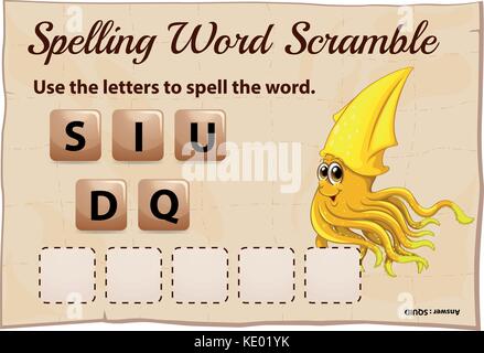Parola di ortografia scramble modello di gioco per i calamari illustrazione Illustrazione Vettoriale
