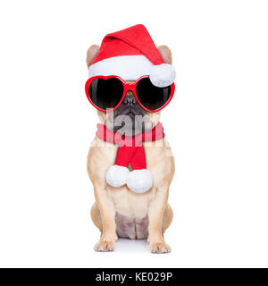 Babbo Natale Natale fawn bulldog cane indossando letto a forma di cuore ad occhiali , isolato su sfondo bianco Foto Stock