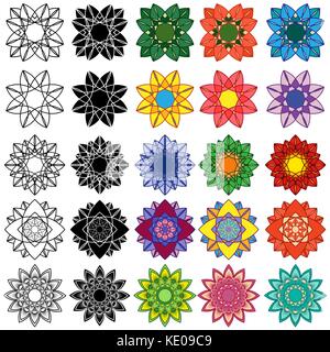 Set di dieci nero e quindici coloratissimi fiori stilizzati, illustrazioni vettoriali isolati su sfondo bianco Illustrazione Vettoriale