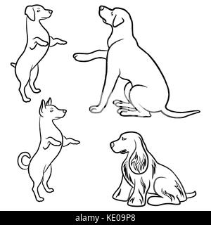 Set di quattro piedi e seduta cani, i contorni del vettore Illustrazione Vettoriale