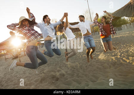 Gruppo di amici sulla spiaggia divertendosi Foto Stock