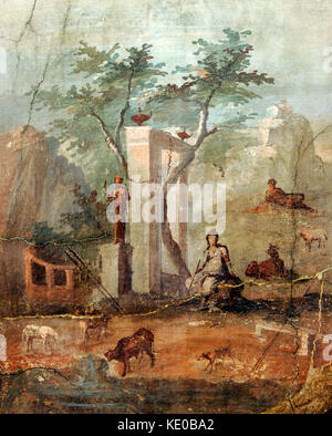 Affresco romano raffigurante un paesaggio bucolico con Parigi il pastore. 1-37 annuncio. Da Pompei. Museo Archeologico Nazionale. Napoli. L'Italia. Foto Stock