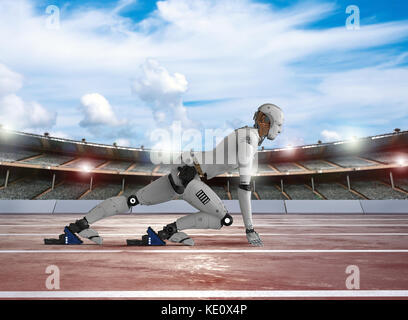 3D rendering robot umanoide in esecuzione in stadium Foto Stock