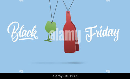 Bottiglia di vino e un bicchiere di cartone su uno sfondo blu. venerdì nero concept Foto Stock