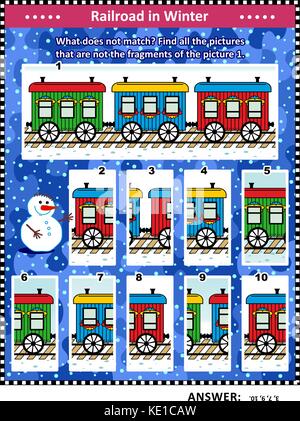 Formazione iq visual puzzle (adatta sia per bambini che per adulti) con retro treno di vetture in nevicata: trovare tutte le immagini che non sono i frammenti di immagine 1. Illustrazione Vettoriale