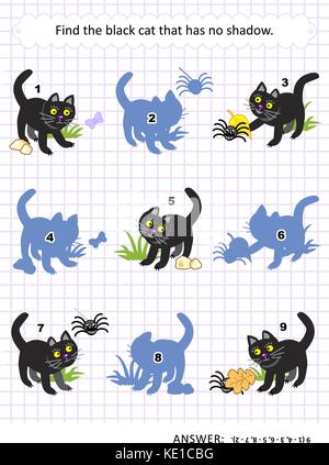 A tema Halloween visual puzzle o immagine enigma con gatto nero: trovare la foto che non ha nessuna ombra. risposta inclusa. Illustrazione Vettoriale