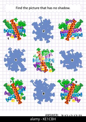 A tema Halloween visual puzzle o picture riddle con la caramella e rane: trovare la foto che non ha nessuna ombra. risposta inclusa. Illustrazione Vettoriale