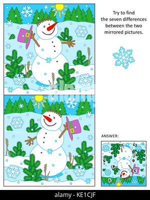Inverno, anno nuovo o a tema natalizio visual puzzle: trovare le sette differenze tra le due immagini speculari di allegro pupazzo di neve a piedi all'aperto. Illustrazione Vettoriale