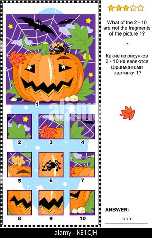 A tema Halloween visual logic puzzle con zucche, pipistrelli e spider: cosa del 2 - 10 non sono i frammenti di immagine 1? Risposta inclusa. Illustrazione Vettoriale