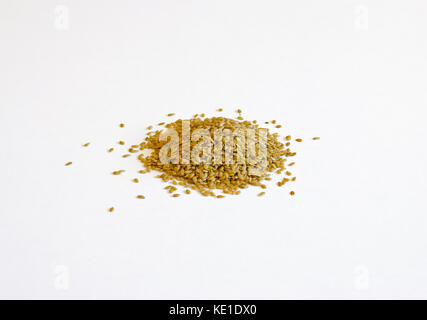 Eventuali fuoriuscite di pila di golden semi di lino sono isolati su sfondo bianco Foto Stock