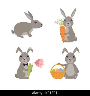 Impostare graziosi conigli pasquali. vacanze sfondo. Illustrazione Vettoriale