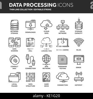 Il cloud omputing. tecnologia internet e servizi online di elaborazione dei dati e la sicurezza delle informazioni. connessione. thin line web icon set. Delineare raccolta di icone.illustrazione vettoriale. Illustrazione Vettoriale