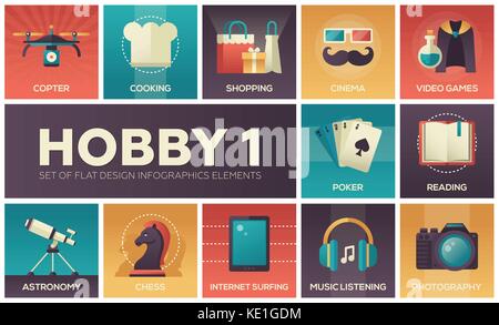 Hobby - set di design piatto elementi infographics Illustrazione Vettoriale