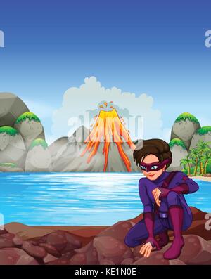 Il supereroe presso il lago di illustrazione Illustrazione Vettoriale