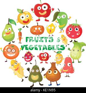 Frutta e verdura con facce illustrazione Illustrazione Vettoriale