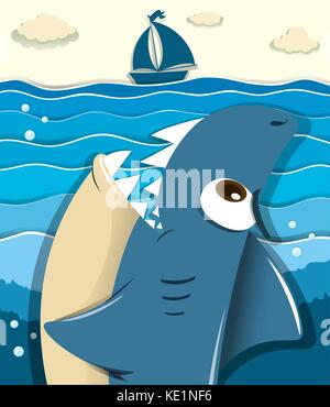 Arrabbiato shark mirando ad illustrazione di barche a vela Illustrazione Vettoriale