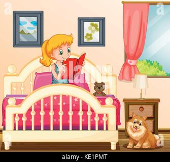 Lettura della ragazza storia prenota nel suo letto Illustrazione Vettoriale