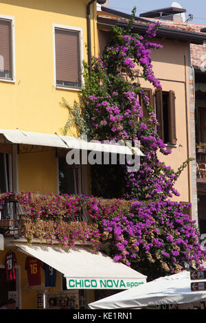 Sirmione, Italia. vista pittoresca di un negozio in via Dante, all'ombra del castello scaligero. Foto Stock