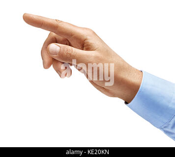 Mano d'uomo in una camicia di toccare o rivolta verso qualcosa di isolato su sfondo bianco. close up. dei prodotti ad alta risoluzione Foto Stock