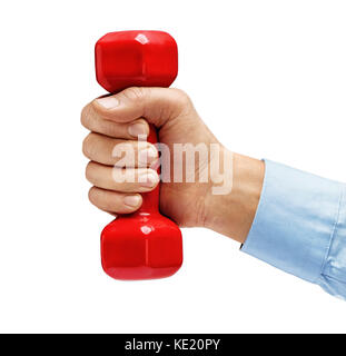 Mano d'Uomo in camicia detiene dumbbell isolati su sfondo bianco. close up. concetto di uno stile di vita sano Foto Stock