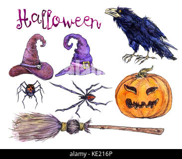 Set di strega i cappelli, zucca, ragni, crow, ginestra, Halloween, dipinte a mano illustrazione ad acquerello isolato Foto Stock