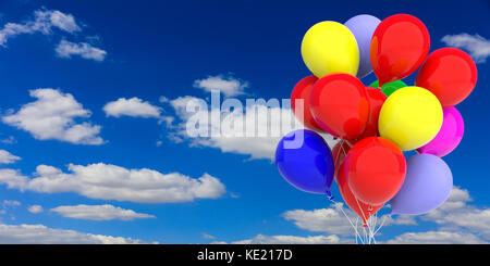 Gruppo di palloncini colorati su sfondo blu. illustrazione 3d. Foto Stock