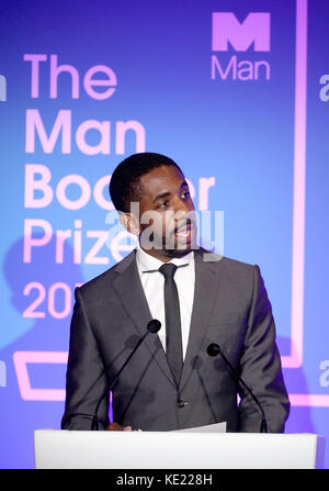 Rhashan Stone parla durante un ricevimento presso la Guildhall di Londra, in vista della cerimonia di premiazione del Man Booker 2017. Foto Stock