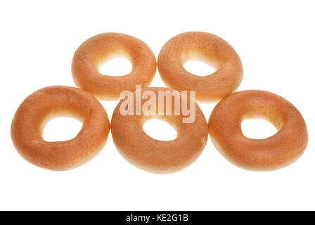 Anelli olimpici da bagel su sfondo bianco. percorso di clipping incluso. Foto Stock