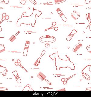 Modello con il cane, pettini, collare, guinzaglio, rasoio, asciugacapelli, ciotola, forbici. health care, toelettatura, prendersi cura di un cane, mostra. Illustrazione Vettoriale
