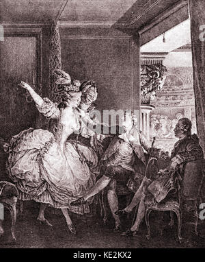 (Jean Michel) Moreau le Jeune 's disegno 'La vie d'onu petit maitre' - La Loge à l'Opéra. L'usi e costumi di Parigi al tempo di Luigi XVI, 1782. Un uomo è annuncio di una donna in un opera casella. Pittore Francese, disegnatore e incisore, 1741 - 1814. Foto Stock