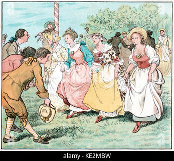 Inglese balli folcloristici, XVIII secolo. Da Randolph Caldecott (Inglese illustrator, 22 marzo 1846 - 12 febbraio 1886). Country dancing, fiddle player, chinandovi, curtsey, curtsy. Pantaloni in cotone Foto Stock