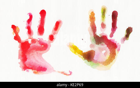 Handprints acquerello su sfondo bianco Foto Stock