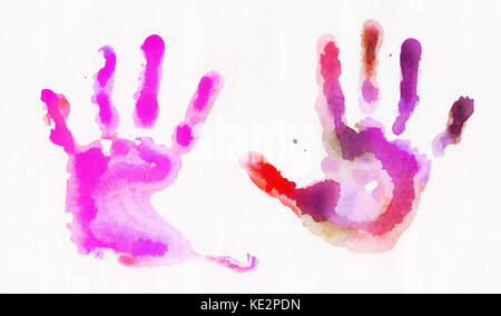 Handprints acquerello su sfondo bianco Foto Stock