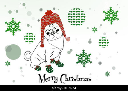 Illustrazione pug cane con cappuccio cavo e stivali inverno nella neve con testo: Buon Natale Foto Stock