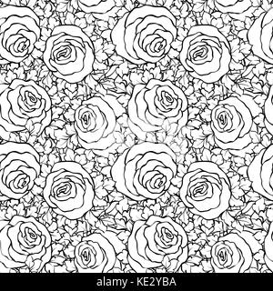 Decorazione floreale in bianco e nero e sfondo bianco con rose carino, monocromatico seamless pattern. Illustrazione Vettoriale