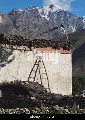 Rustico Tibetan House: una parete bianca, una spazzola sul tetto, colorati Bandiere buddista con preghiere e un recinto di pietra, estate in Himalaya. Foto Stock