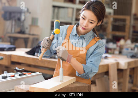 Ritratto di giovane donna falegname concentrare sul suo lavoro Foto Stock