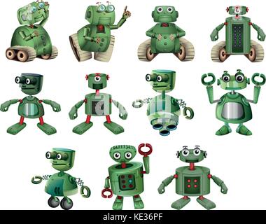 Robot verde in diverse azioni immagine Illustrazione Vettoriale