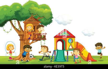 Bambini che giocano al treehouse nel parco illustrazione Illustrazione Vettoriale