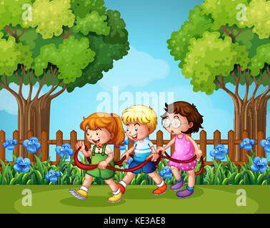 Tre bambini che giocano in giardino illustrazione Illustrazione Vettoriale