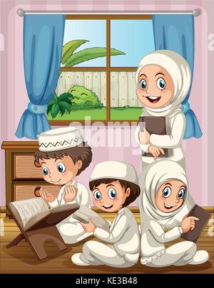 La famiglia musulmana pregando in casa illustrazione Illustrazione Vettoriale