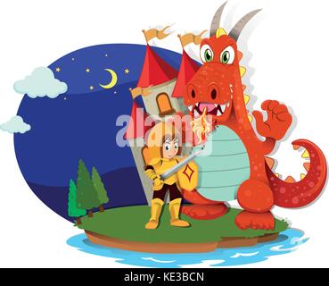 Cavaliere e dragon sull'isola illustrazione Illustrazione Vettoriale