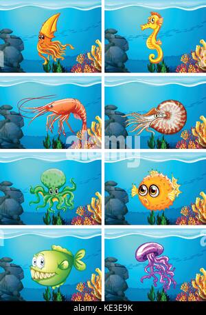 Scene con animali marini sotto il mare illustrazione Illustrazione Vettoriale