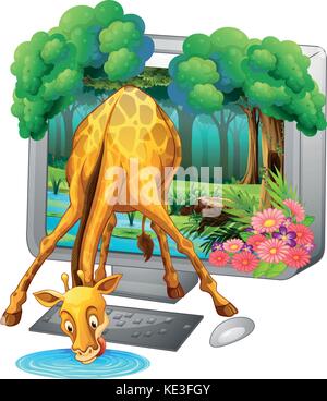 Schermo di computer con una giraffa di acqua potabile illustrazione Illustrazione Vettoriale