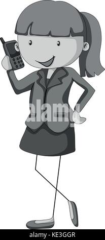 Donna in piedi da solo parlando al telefono cellulare in bianco e nero Illustrazione Vettoriale