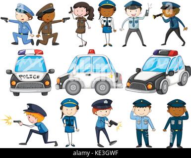 Set di funzionari di polizia e auto illustrazione Illustrazione Vettoriale