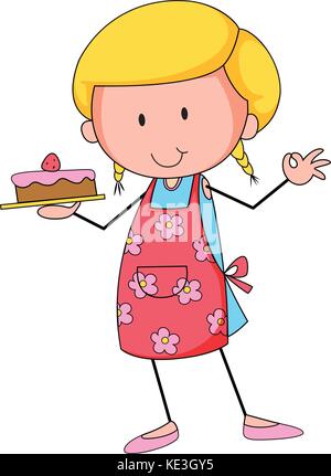 Ragazza nel design floreale grembiule tenendo una torta con topping di fragole Illustrazione Vettoriale