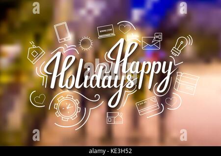 La frase scritta a mano Buone vacanze su uno sfondo blu con icone. Illustrazione Vettoriale