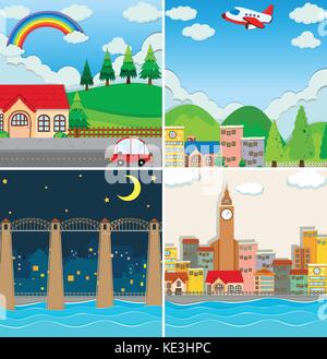 Quattro diverse scene di illustrazione della città Illustrazione Vettoriale