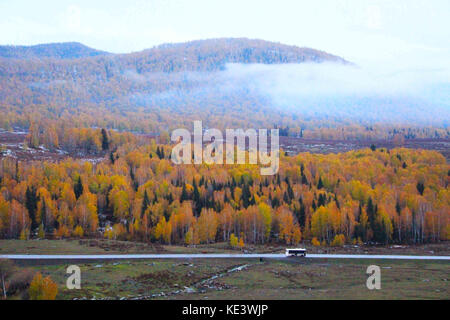 Xinjiang, Cina. Xviii oct, 2017. autunno scenario del lago kanas, a nord-ovest della Cina di Xinjiang. kanas lago è un lago in prefettura degli Altai, Xinjiang, Cina. Il lago è situato in una valle nelle montagne di Altai, vicino la punta settentrionale del Xinjiang e la provincia di frontiere con il Kazakistan, alla Mongolia e Russia. Il lago è stata formata intorno a 200.000 anni fa durante il periodo quaternario come risultato del movimento del ghiacciaio. La falce di luna lago ha una stima di capacità di deposito di acqua di 53,8 miliardi di metri cubi, accoppiato con una profondità media di circa 120 metri. (Credito immagine: © sipa asi Foto Stock